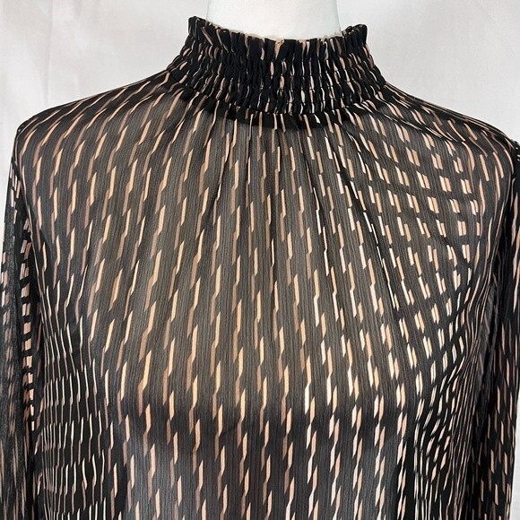 Long smocked mock neck black and mocha abstract print top size large - Picture 2 of 6